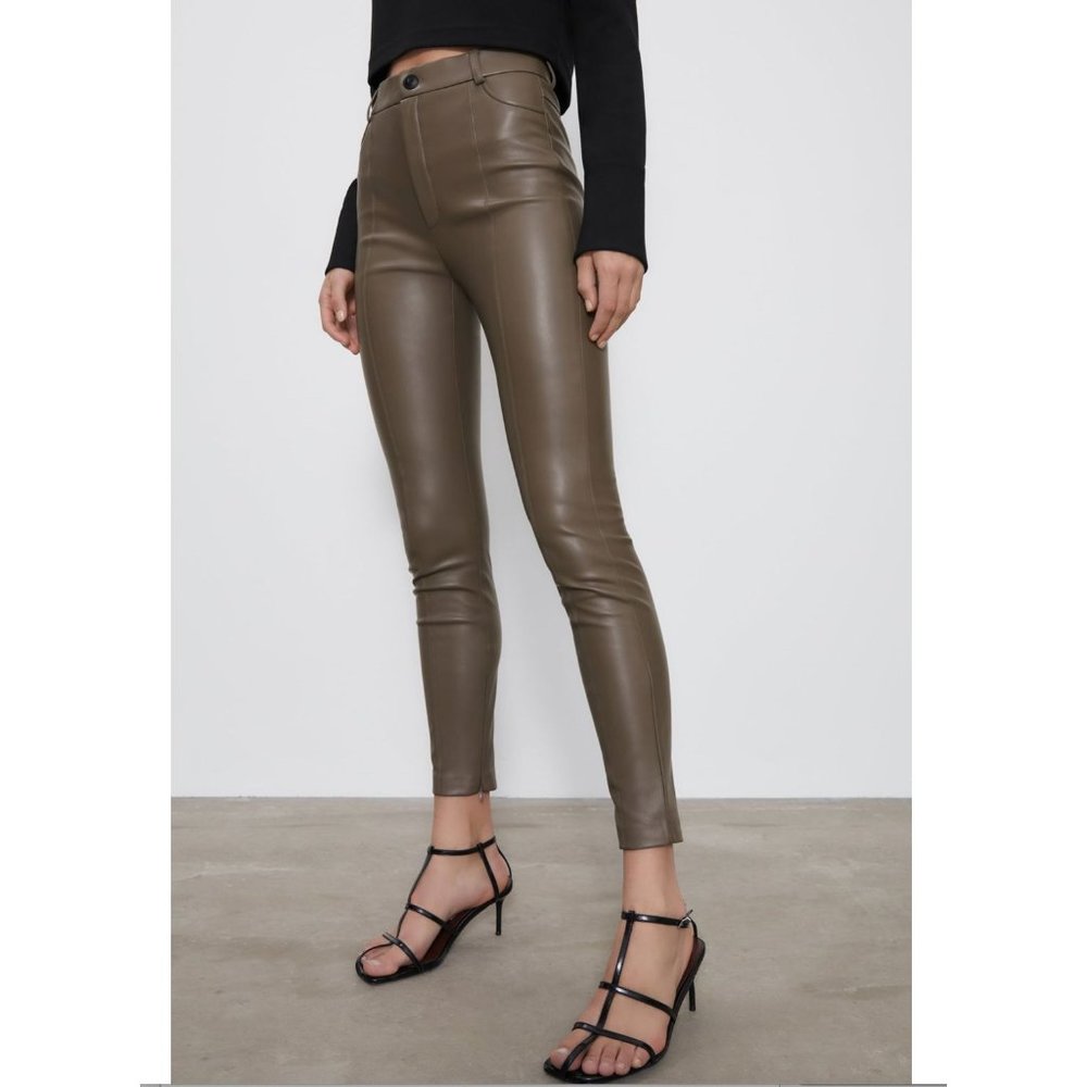 ZARA Faux Vegan Leather High Rise Leggings Tan Taupe Brown Size XL